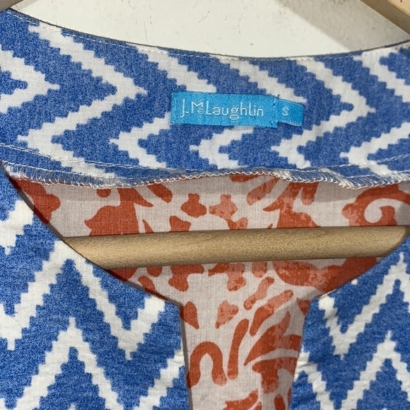 J. McLaughlin tunic small scroll zig zag blue orange coral & white shirt - Picture 2 of 4